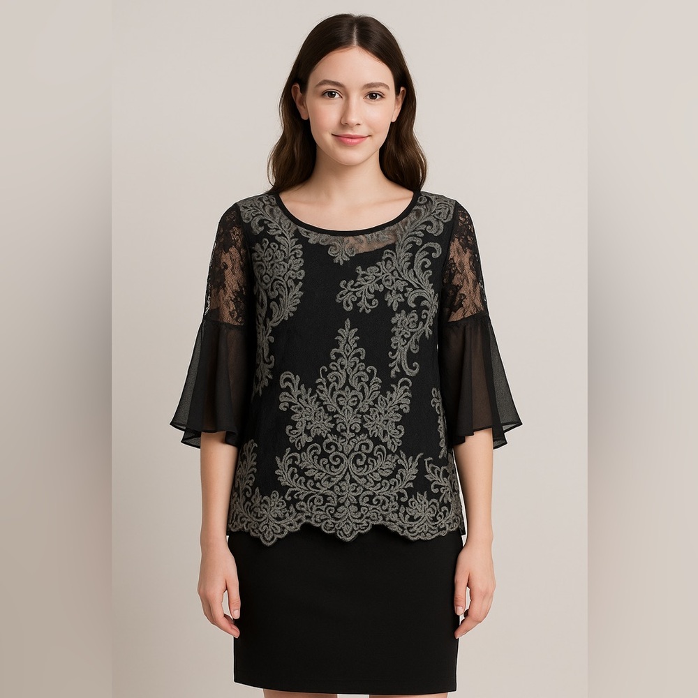 Karen Kane Blouse Womens Sz L Embroidered Semi Sheer Flutter Sleeve RomanticGoth